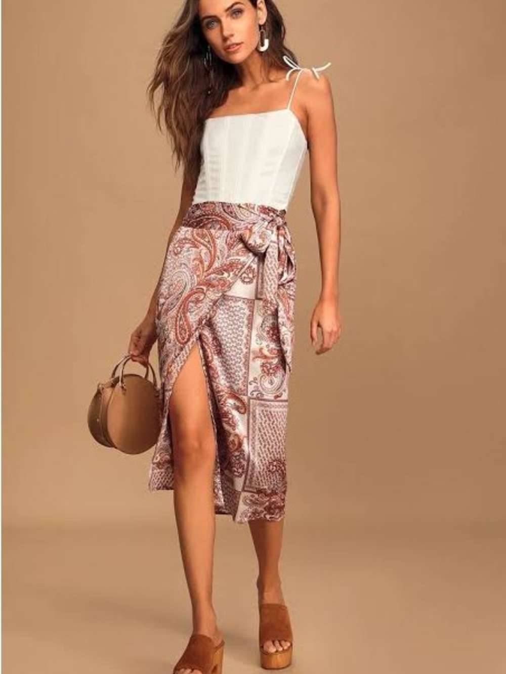 Lulus Take A Walk With Me Rust Paisley Print Satin Wrap Midi Skirt - NWT